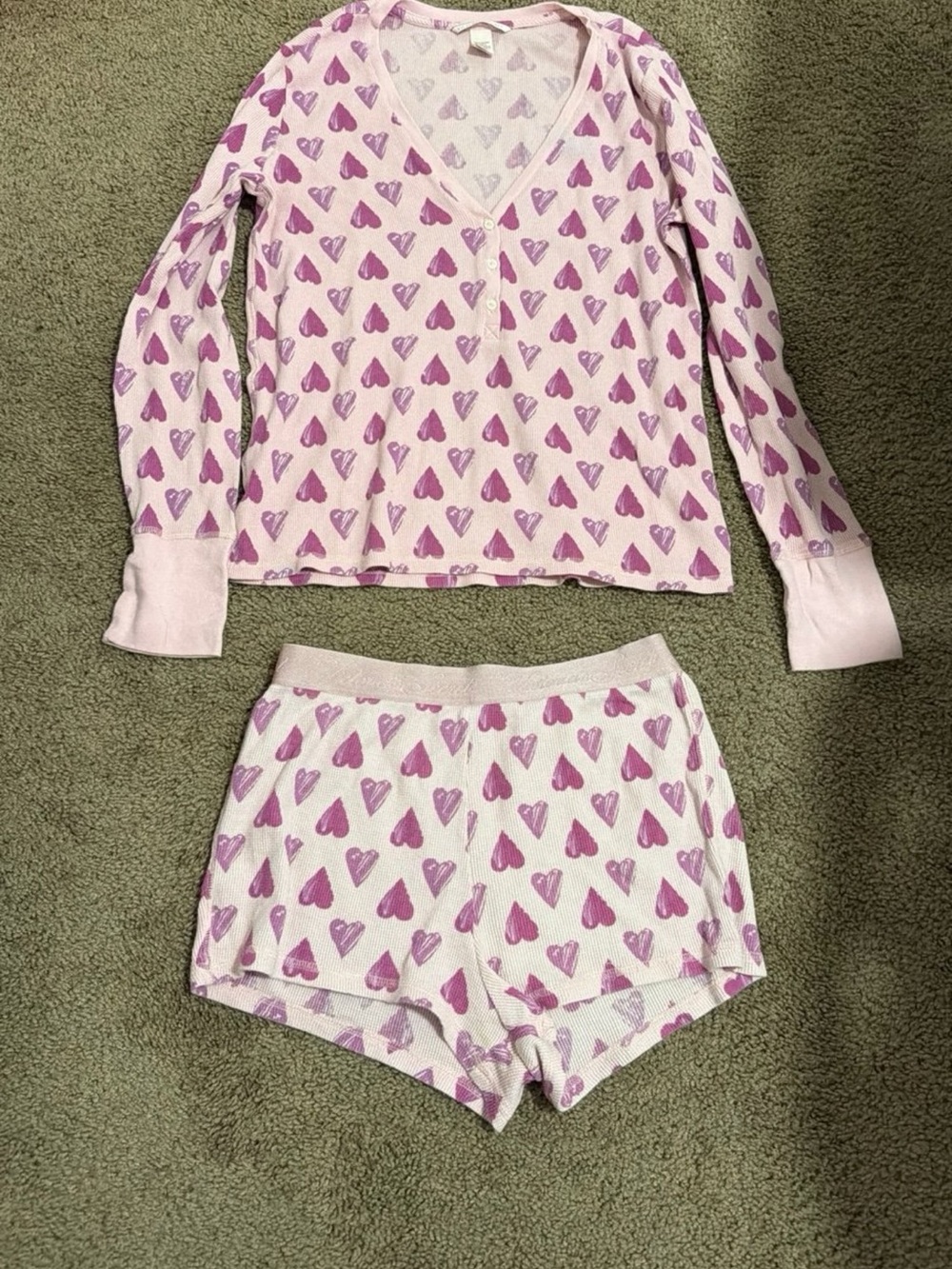 Victoria’s Secret Pink Hearts Pajama Long Sleeve Top & Shorts Bottom Set